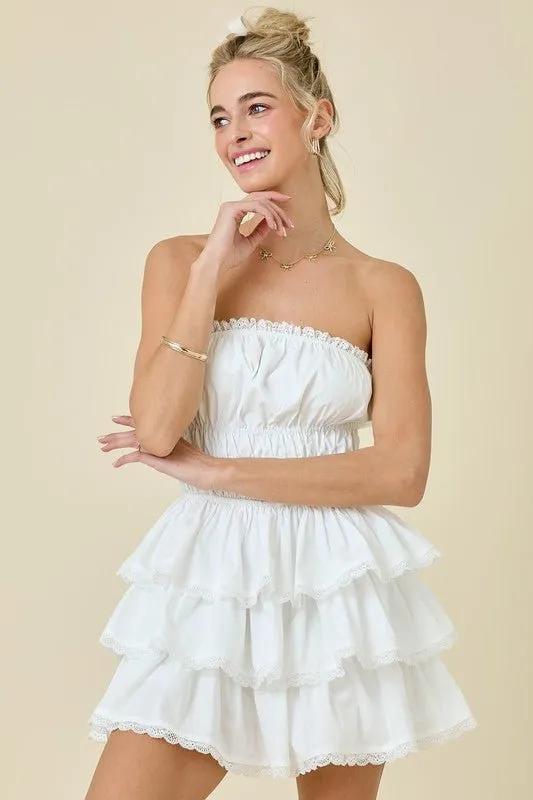 The Wendy Romper: White Lace Trimmed Strapless Tiered Mini Dress Romper