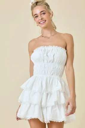 The Wendy Romper: White Lace Trimmed Strapless Tiered Mini Dress Romper