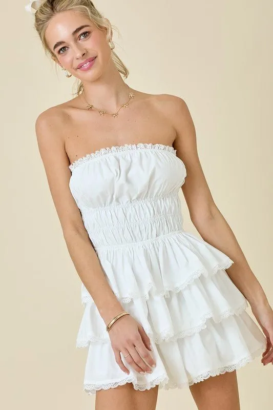 The Wendy Romper: White Lace Trimmed Strapless Tiered Mini Dress Romper