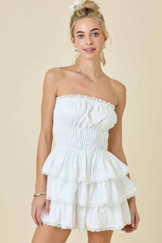 The Wendy Romper: White Lace Trimmed Strapless Tiered Mini Dress Romper