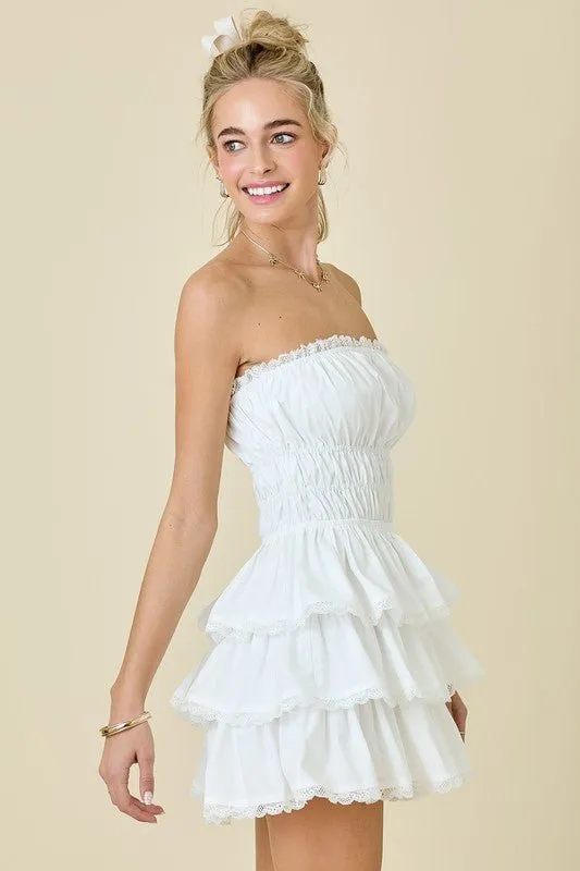 The Wendy Romper: White Lace Trimmed Strapless Tiered Mini Dress Romper