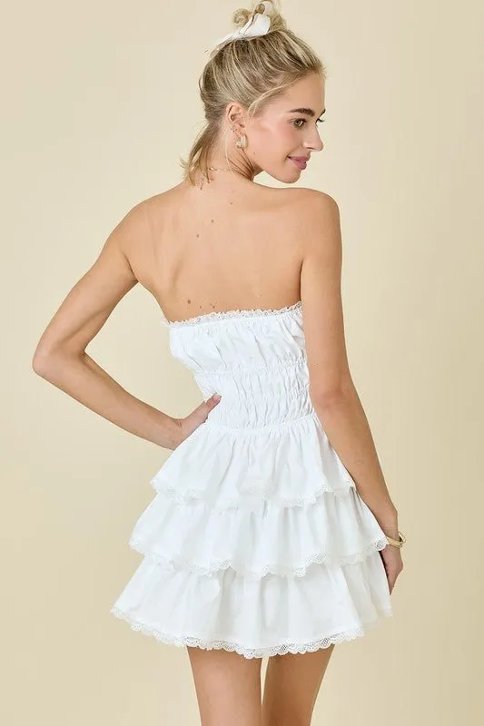 The Wendy Romper: White Lace Trimmed Strapless Tiered Mini Dress Romper