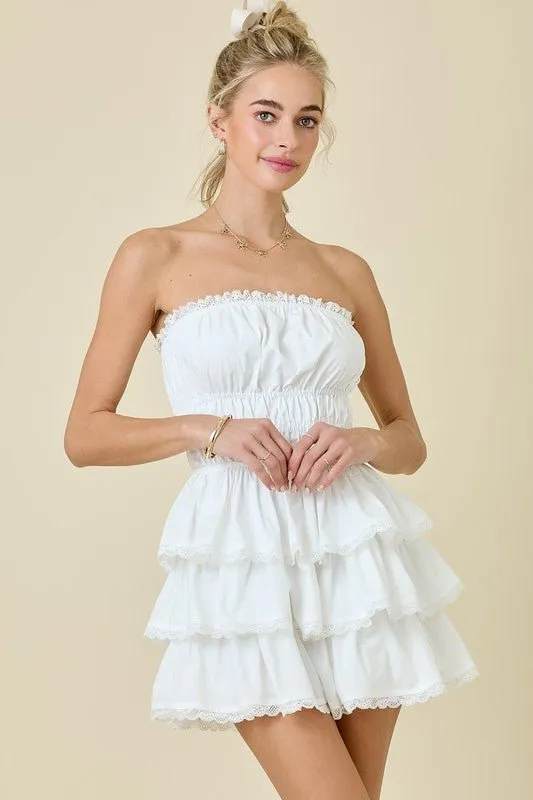 The Wendy Romper: White Lace Trimmed Strapless Tiered Mini Dress Romper
