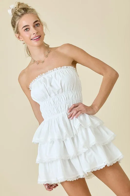 The Wendy Romper: White Lace Trimmed Strapless Tiered Mini Dress Romper