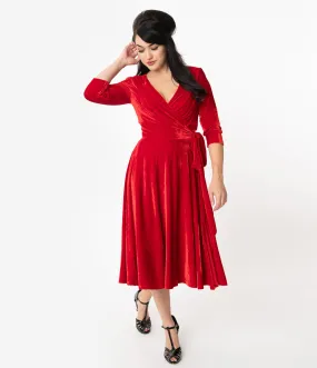 Unique Vintage 1940s Red Velvet Kelsie Wrap Dress