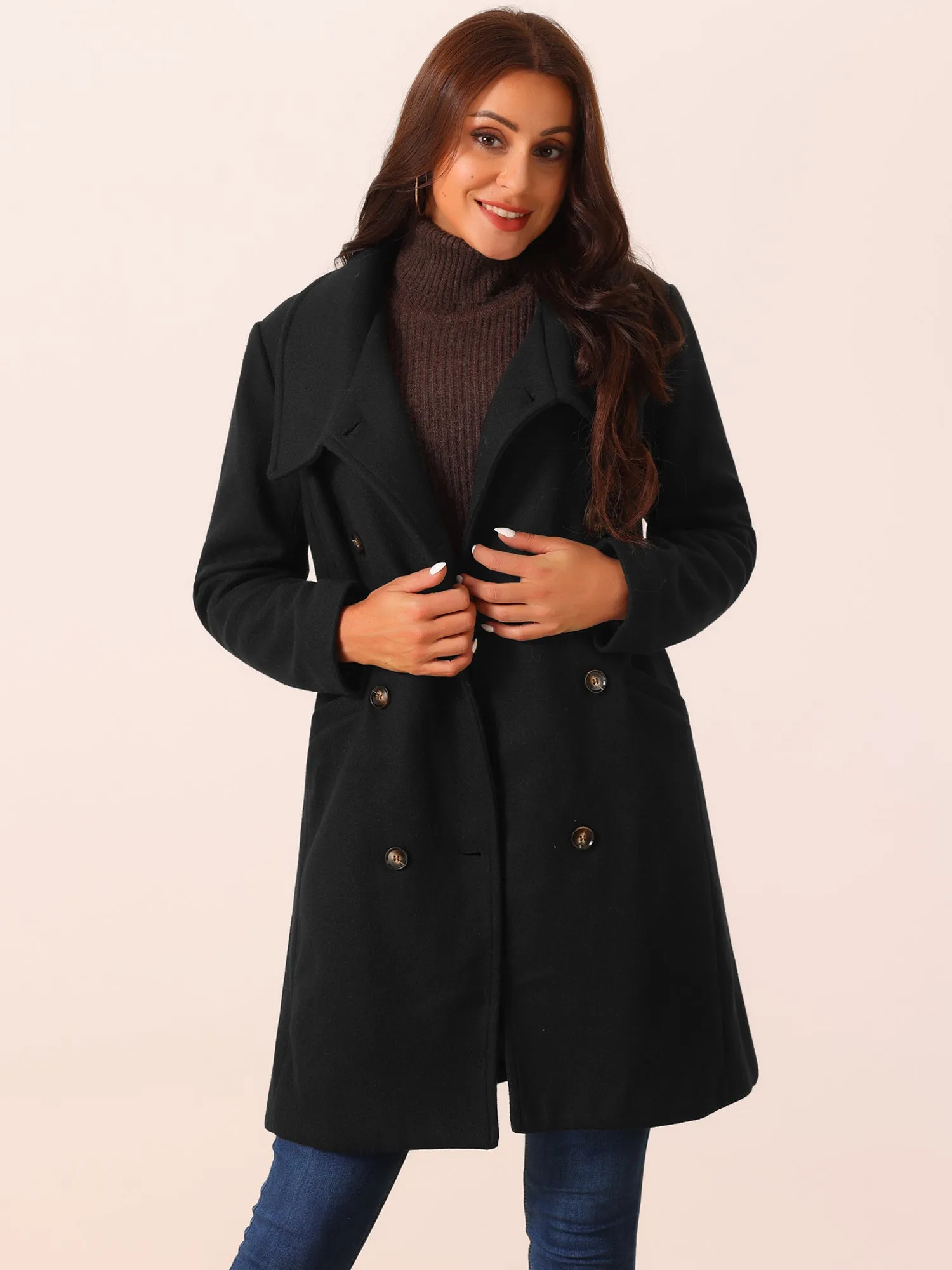 Women's Double Breasted Peacoat Fashion Winter Outwear Casual Collar Jackets with Pockets