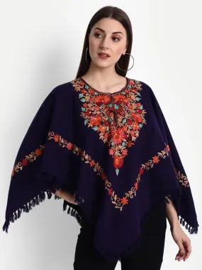 Woollen Poncho with Kashmiri Embroidery and Silk Lining | Blue