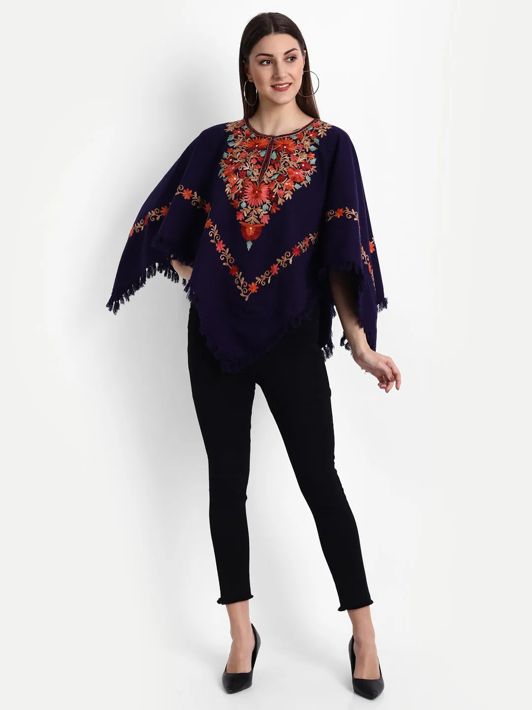 Woollen Poncho with Kashmiri Embroidery and Silk Lining | Blue