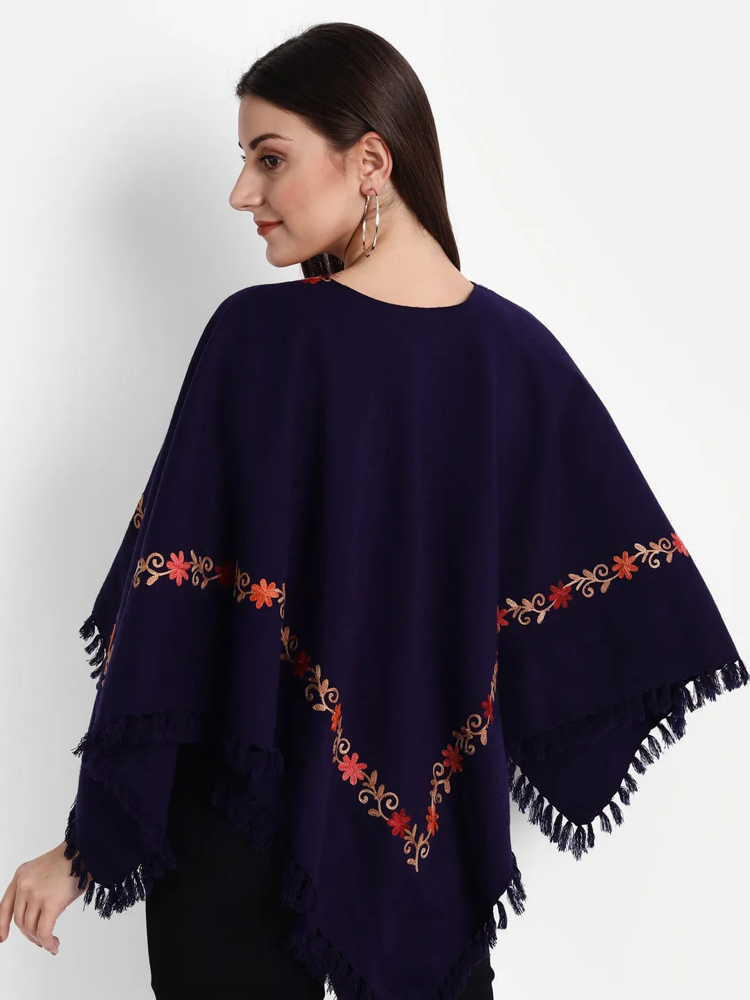 Woollen Poncho with Kashmiri Embroidery and Silk Lining | Blue