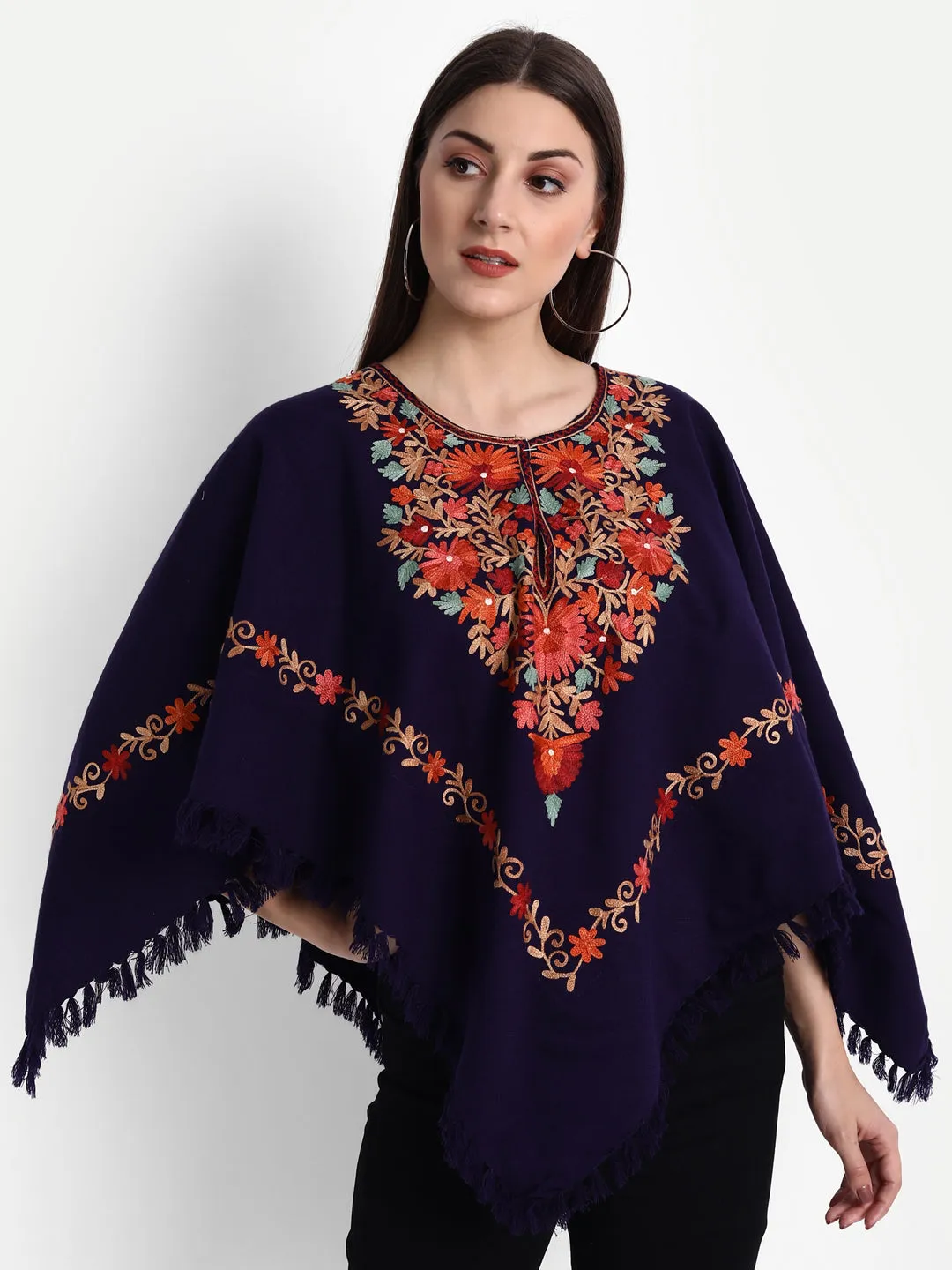 Woollen Poncho with Kashmiri Embroidery and Silk Lining | Blue