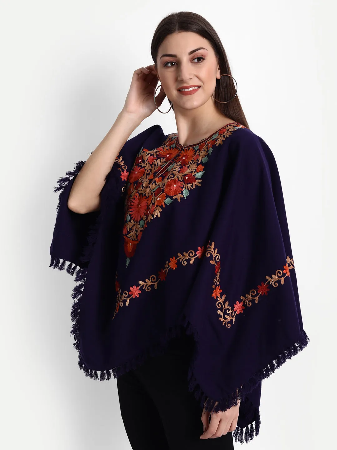 Woollen Poncho with Kashmiri Embroidery and Silk Lining | Blue